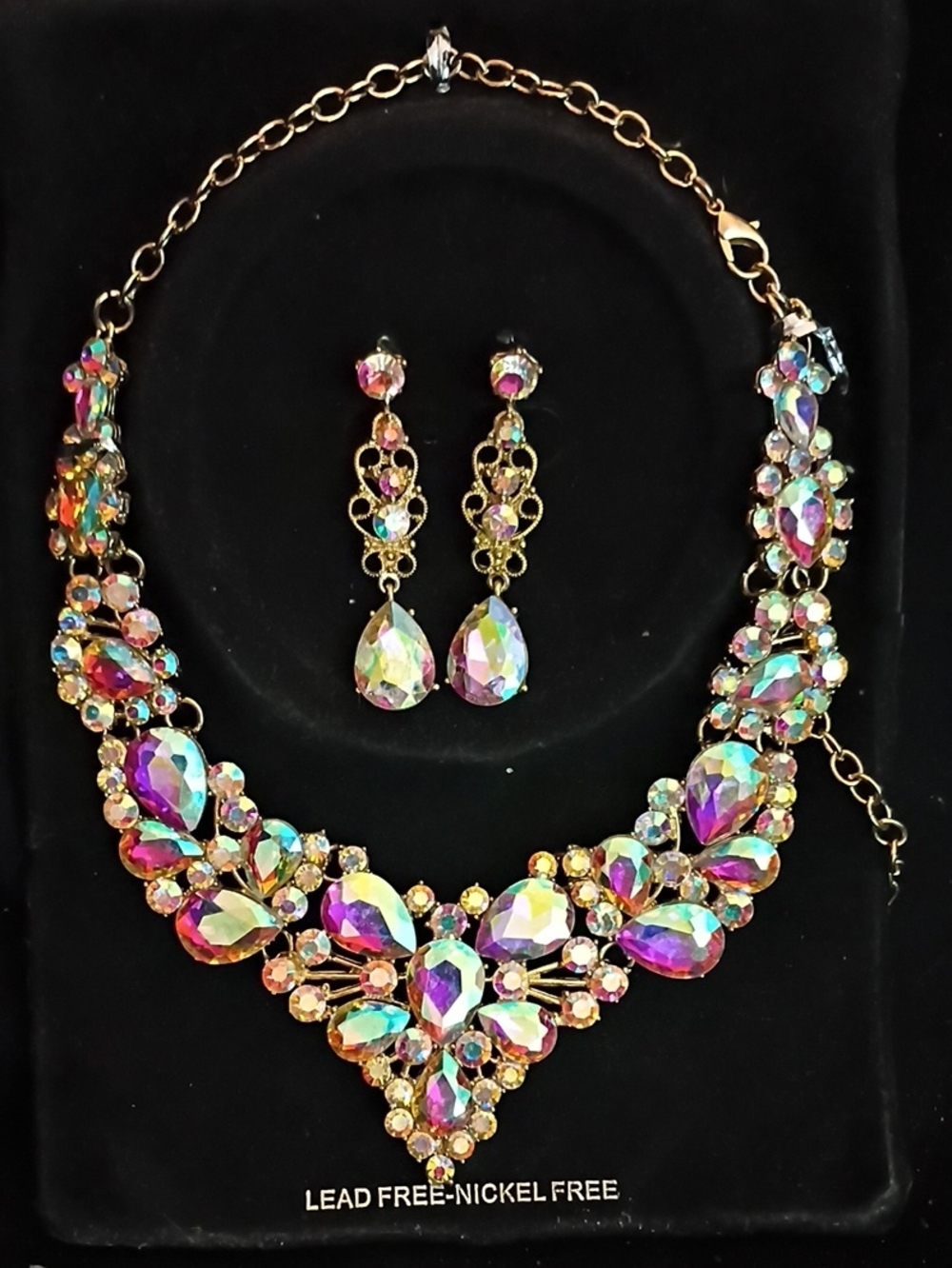 Aurora Crystal Teardrop Statement Necklace & Earrings Set - Iridescent